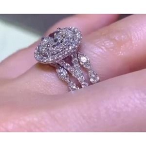 COPY - Halo Wedding Ring Set / Engagement STERLING SILVER size 6,7,8,9,10